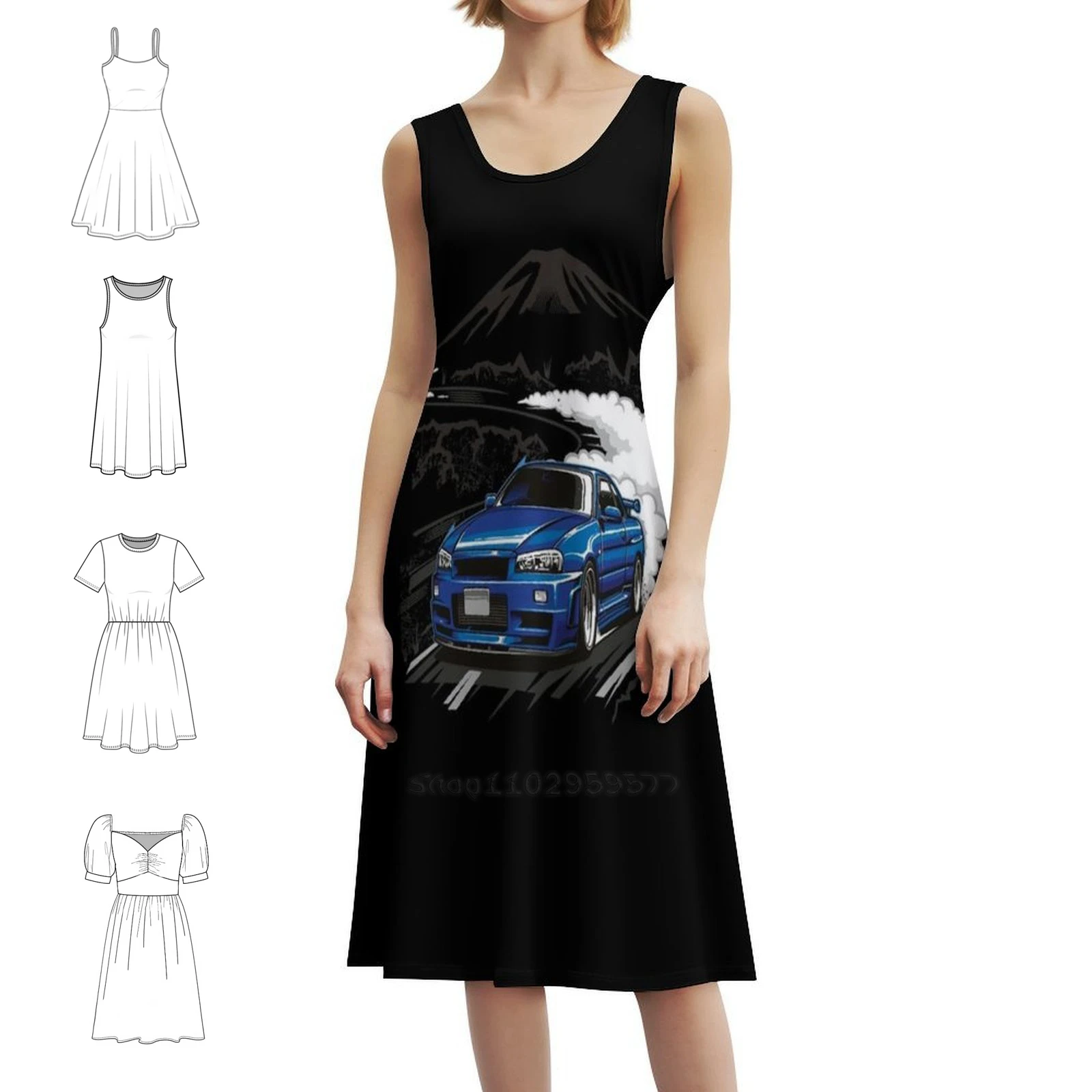 

Skyline R34 Синее богемное платье без рукавов с несколькими принтами Платье для пляжного отдыха и вечеринки Skyline R32 R34 R33 R32 R34 Party