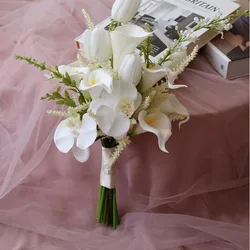 Calla Lily Bridal Bouquet Reusable PU Phalaenopsis Orchid Holding Flowers in Hand Satin Cloth Simulated Flowers Bouquet