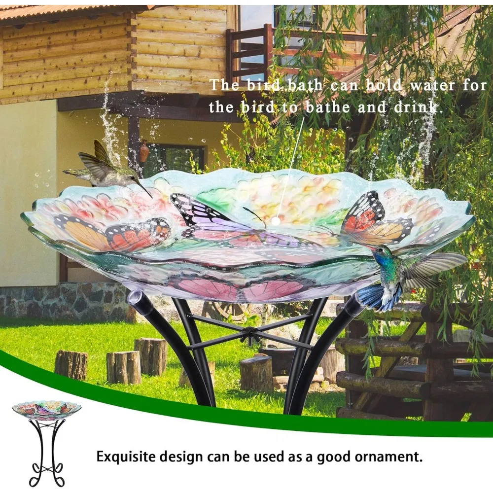 Banho de pássaros de vidro com suporte de metal para decoração de jardim, alimentador externo com design de borboleta