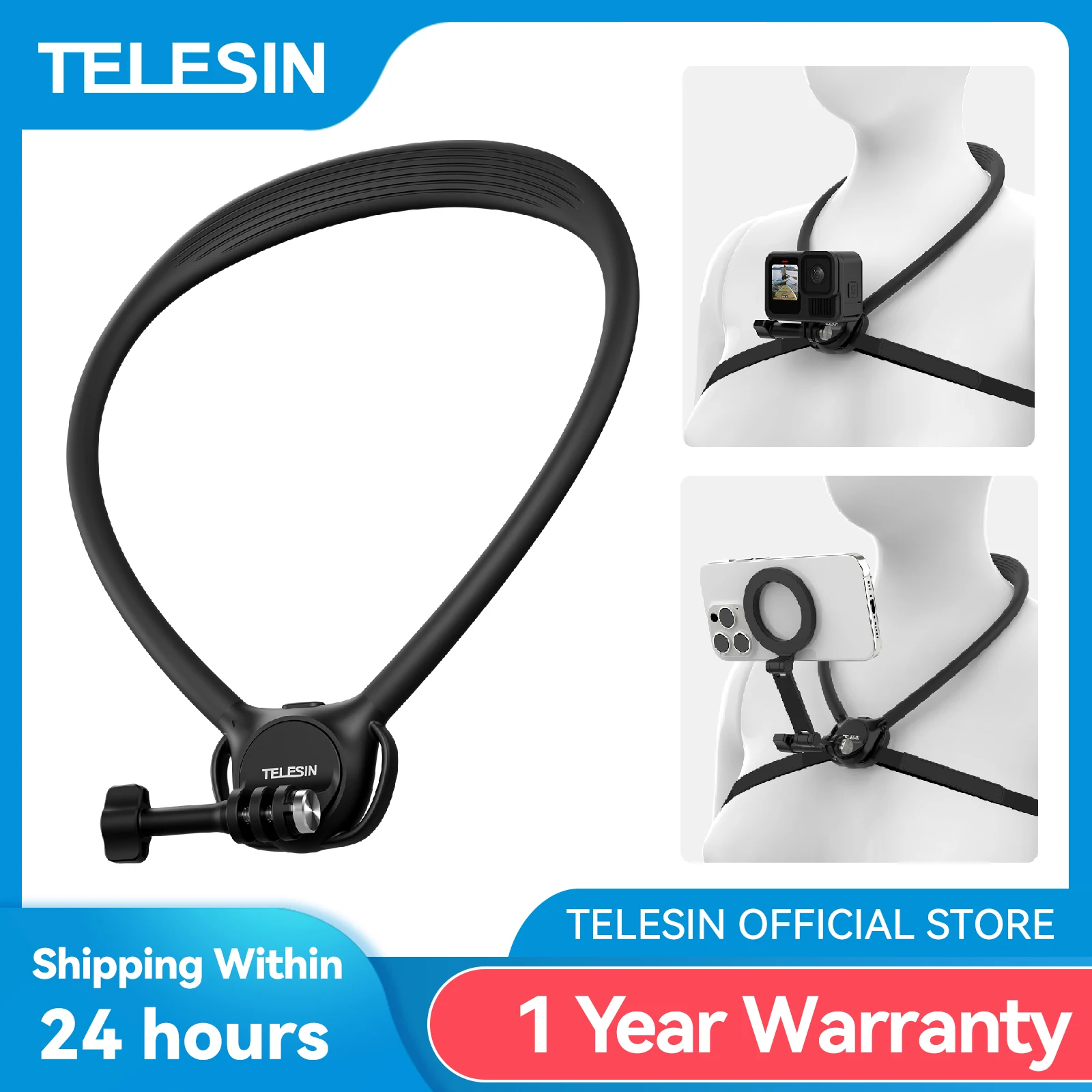 TELESIN Uchwyt na szyję do kamery sportowej 2 w 1 do GoPro Insta360 DJI OSMO Uniwersalna kamera sportowa Akcesoria do telefonu