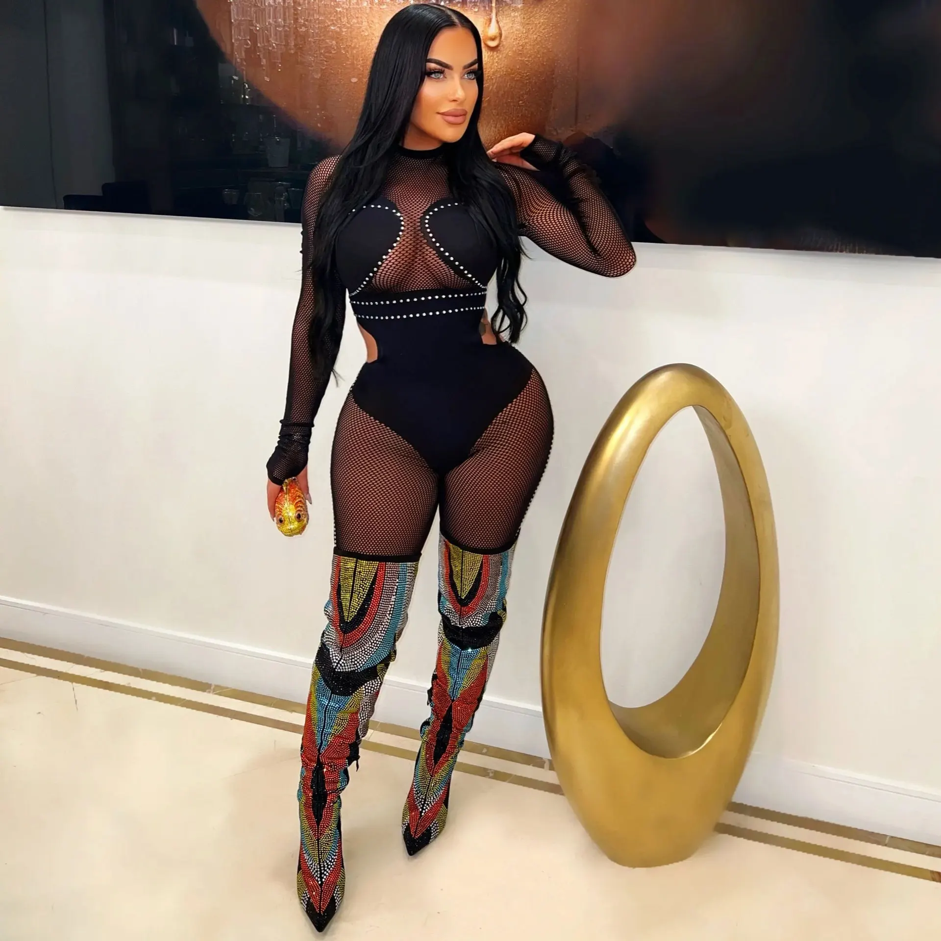 Street Wear Long sleeve Mesh See Through Hollow Solid Color Sexy Tight Embroidered One Piece Pullover Jumpsuit