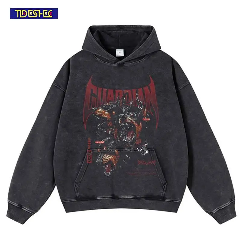 Winter Harajuku Hoodie Vicious Dog Print Hip Hop Stretwear Sweatshirt Vintage Hooded Loose Streetwear Oversized Washed Pullover