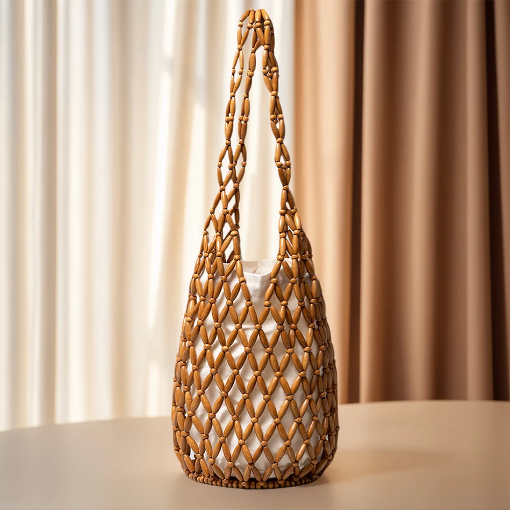 

Women Woven Hand Bag Summer Design Hollow-out Wooden Bead Tote Bucket Shoulder Bag Female Reticulate Netted Canvas Beach Handbag