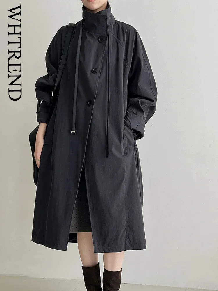 

WHTREND модный британский плащ средней длины с воротником-стойкой для женщин, осенний новый стиль, куртка большого размера с поясом WH1757