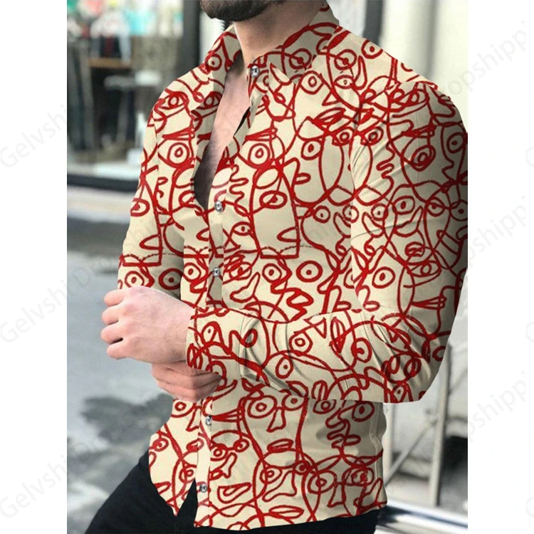 Long Sleeve Hawaiian Shirts Golden Line Pattern 3d Print Shirt Men Fashion Turn Down Collar Beach Shirt Social Blouse 5XL Camisa