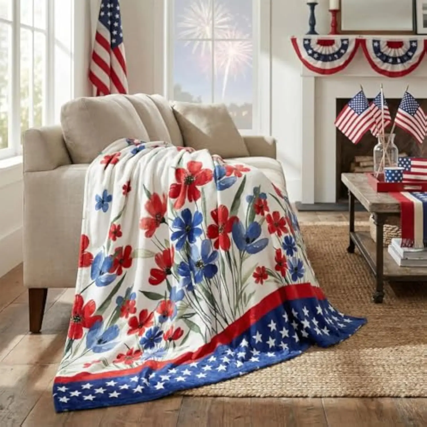 4th of July Watercolor Poppy Flowers Flannel Throw Blanket