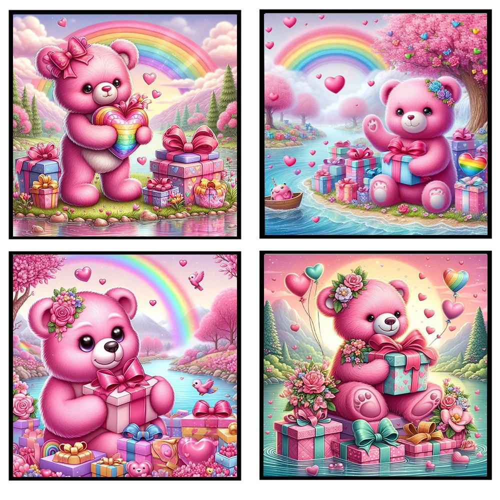 Cartoon Pink Gift Bear 5D Full Round Diamond Painting Kits Cute Valentine's Day Bear DIY Drills Mosaic Embroidery Cross-stitch