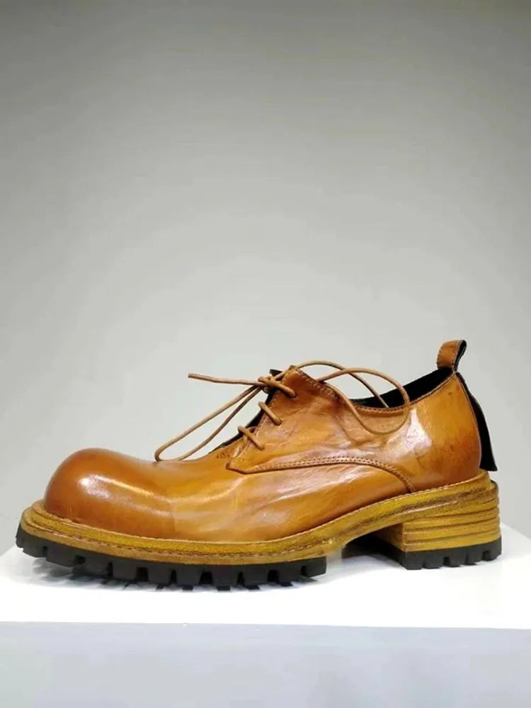 Spring Handmade Business Men Work Formal Shoes Horsehide Genuine Leather Dress Shoes Office Lace Up Med Heels Vintage Footwear