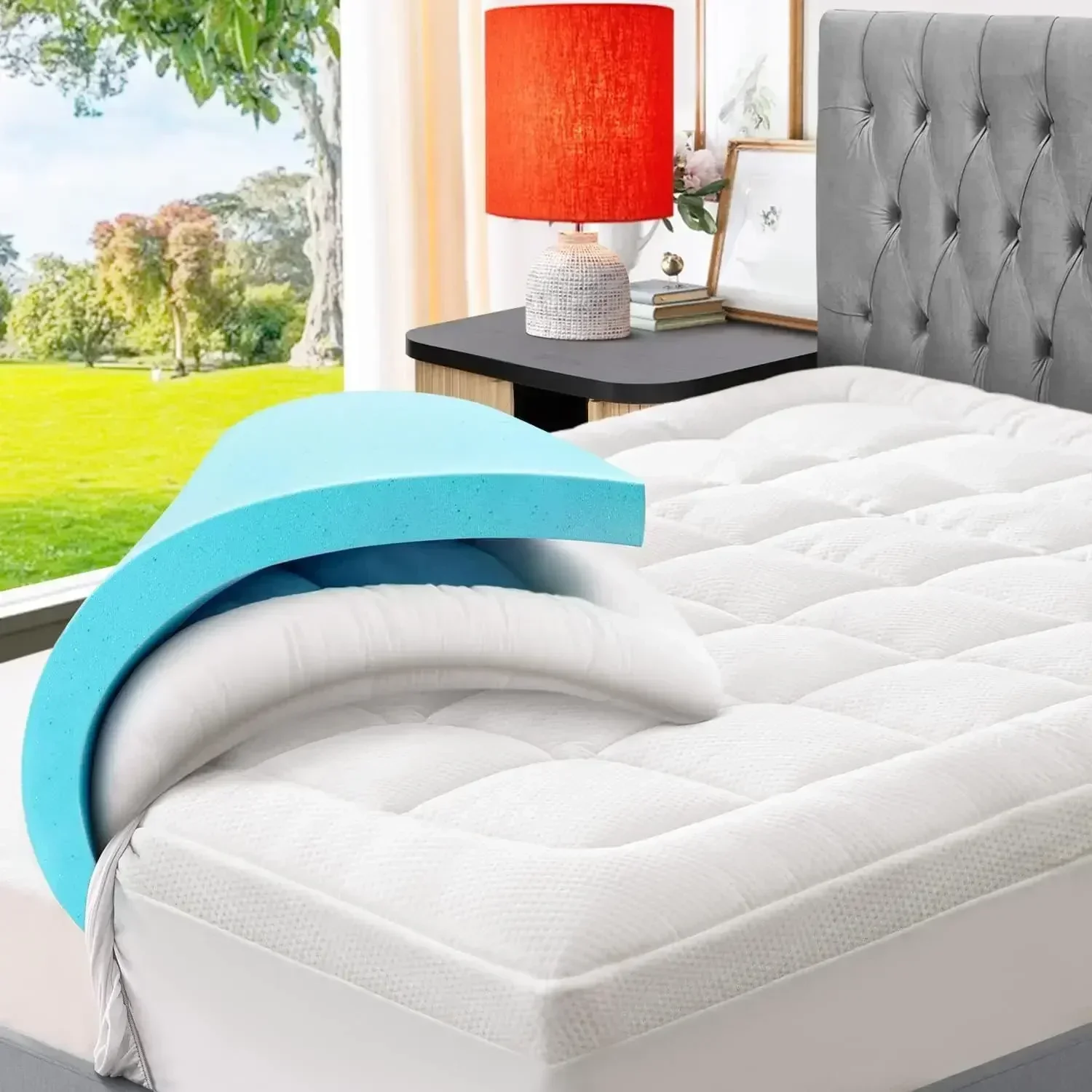 Dual Layer 3 Inch Memory Foam Mattress Topper Queen Size, 2 Inch Cooling Gel Memory Foam Plus 1 Inch Down Alternative