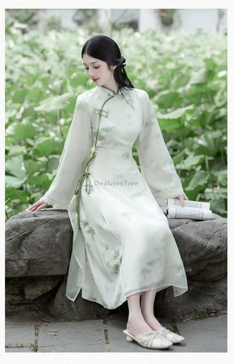 2024 chinese vintage traditional zen tea qipao exquisite bamboo printing chic flounce design qipao dress new daily elegant dress