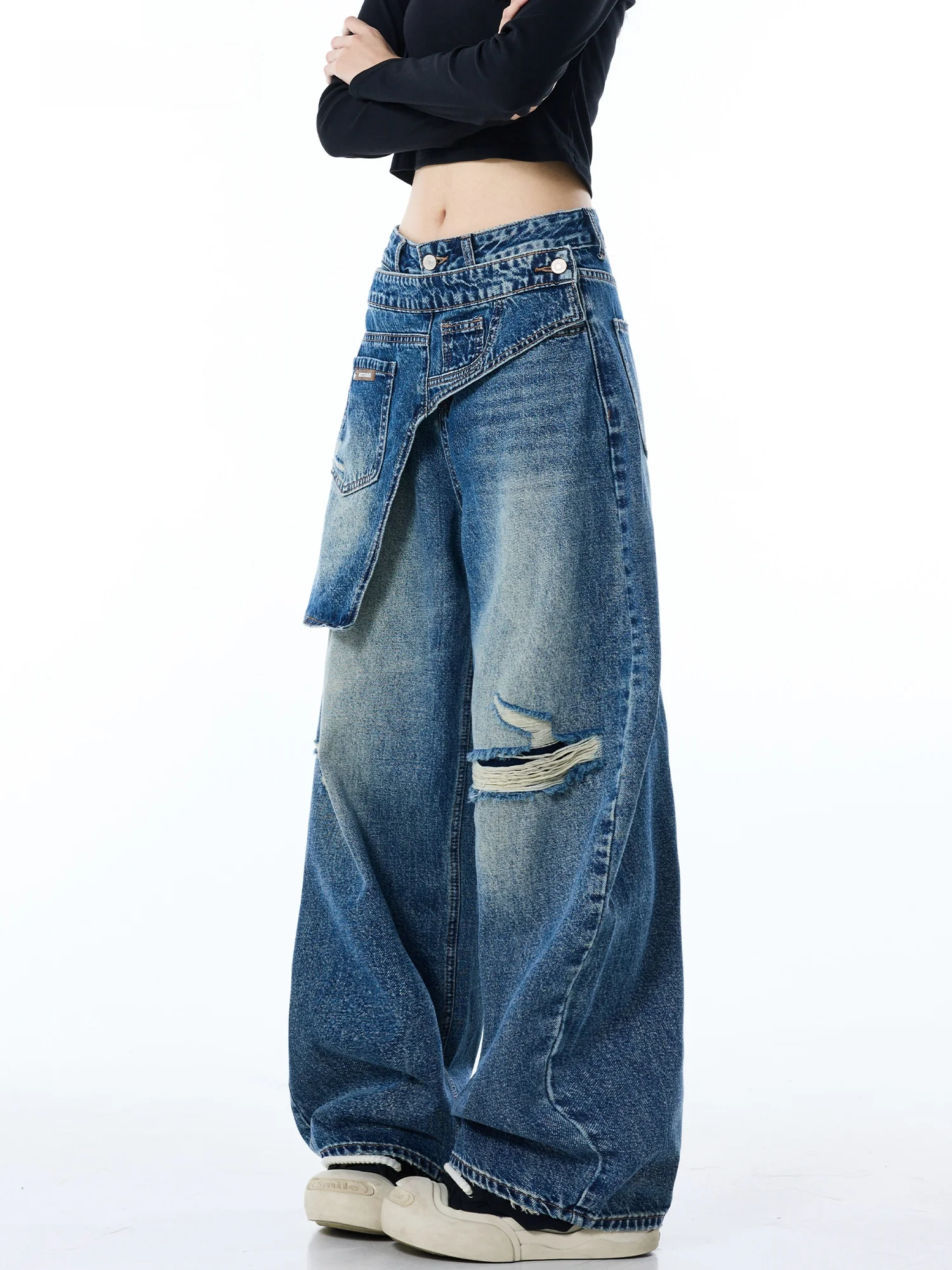 Women's Wide Leg Denim Jeans Fake Two-Piece Slant over Washed Waist Head Hole Design Slimming Vintage Autumn Fashion