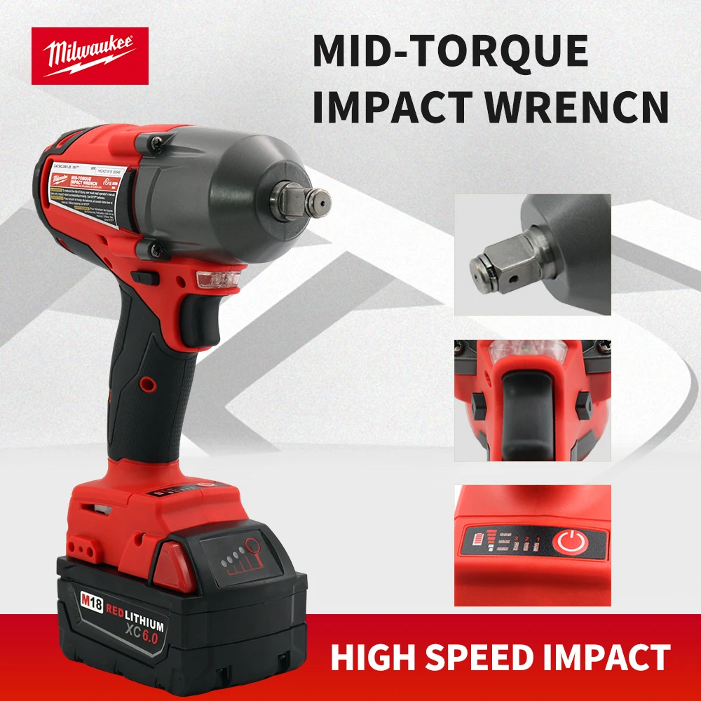 Milwaukee 18V lithium battery 1300N.M Large Torque Cordless Electric Impact Wrench  Screwdriver Cordless Motor Power Tool