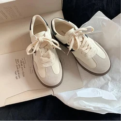 Meotina Women Genuine Leather Sneakers Round Toe Flats Mixed Colors Sewing Ladies Fashion Lace-up Shoes Spring Autumn Grey White