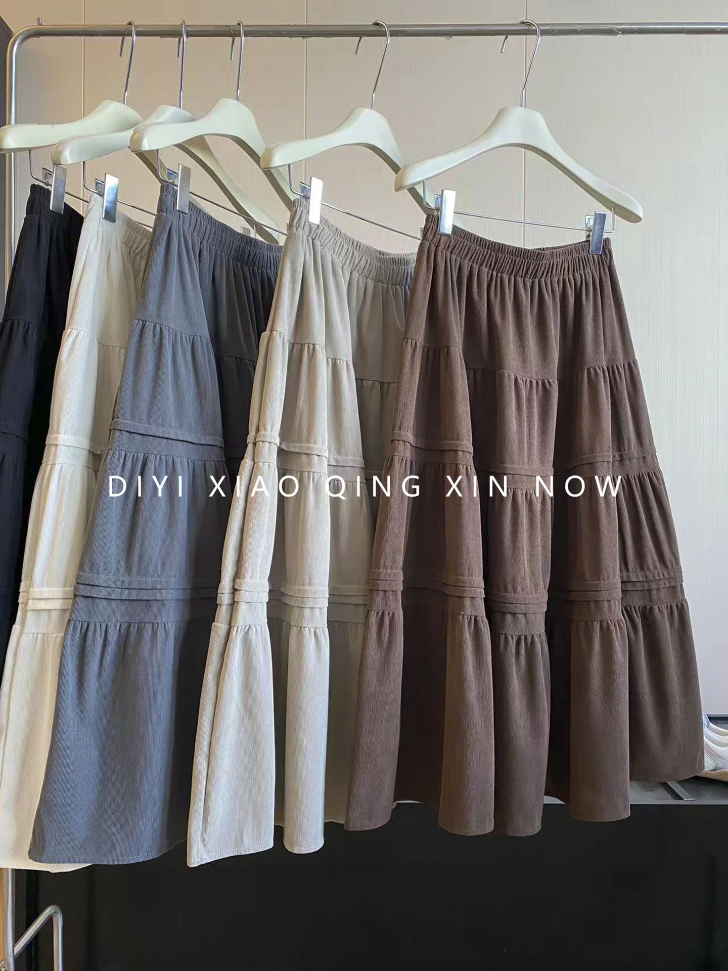 High Waist A-Line  Skirt with Layered Pleats Cotton Feel Corduroy Large Flounce Women's Standard Fit Polyester Fiber