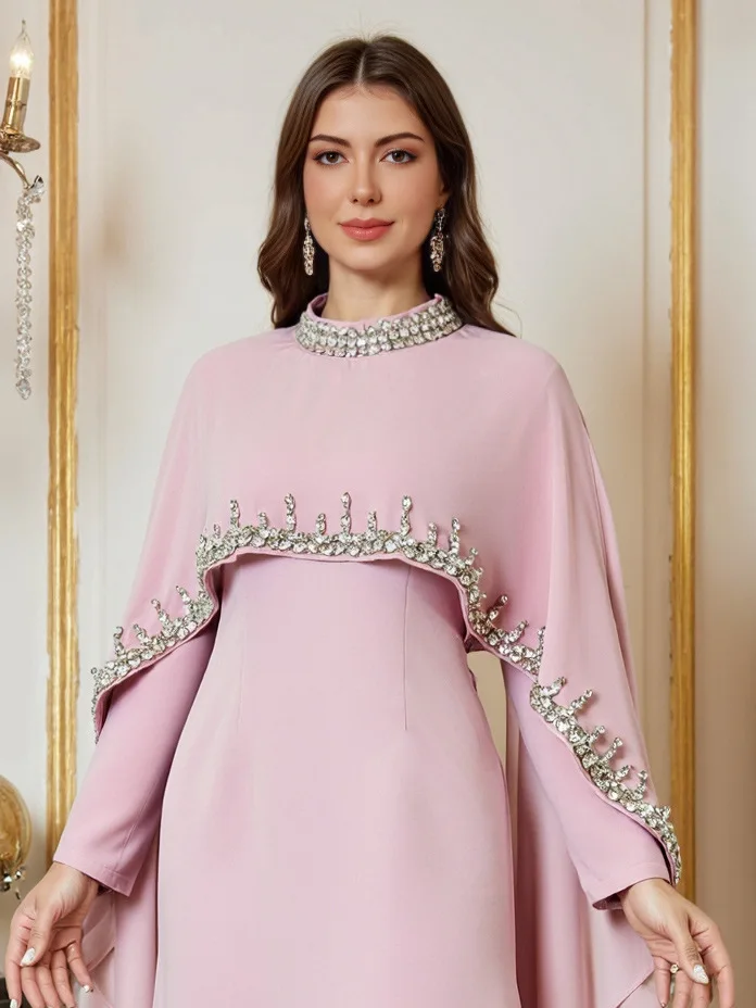 Américain européenne nouvelle mode femmes musulmanes rose couleur unie décontracté à la mode élégant à manches longues châle robe de cérémonie femme