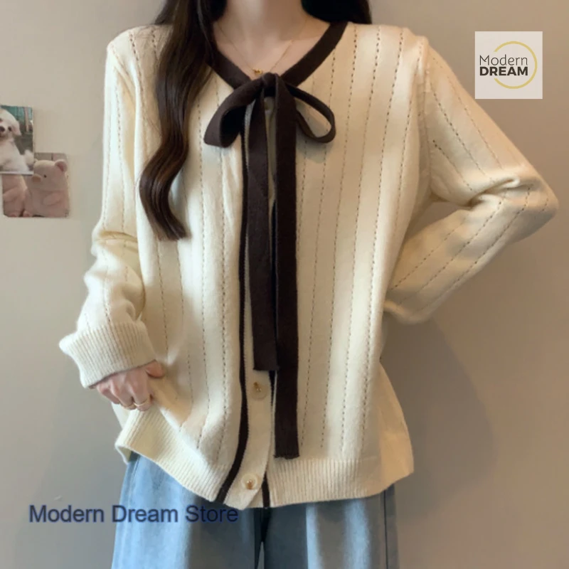 

French retro V-neck bow sweater coat women's autumn and winter plus size loose and slim sweater with casual Joker top.