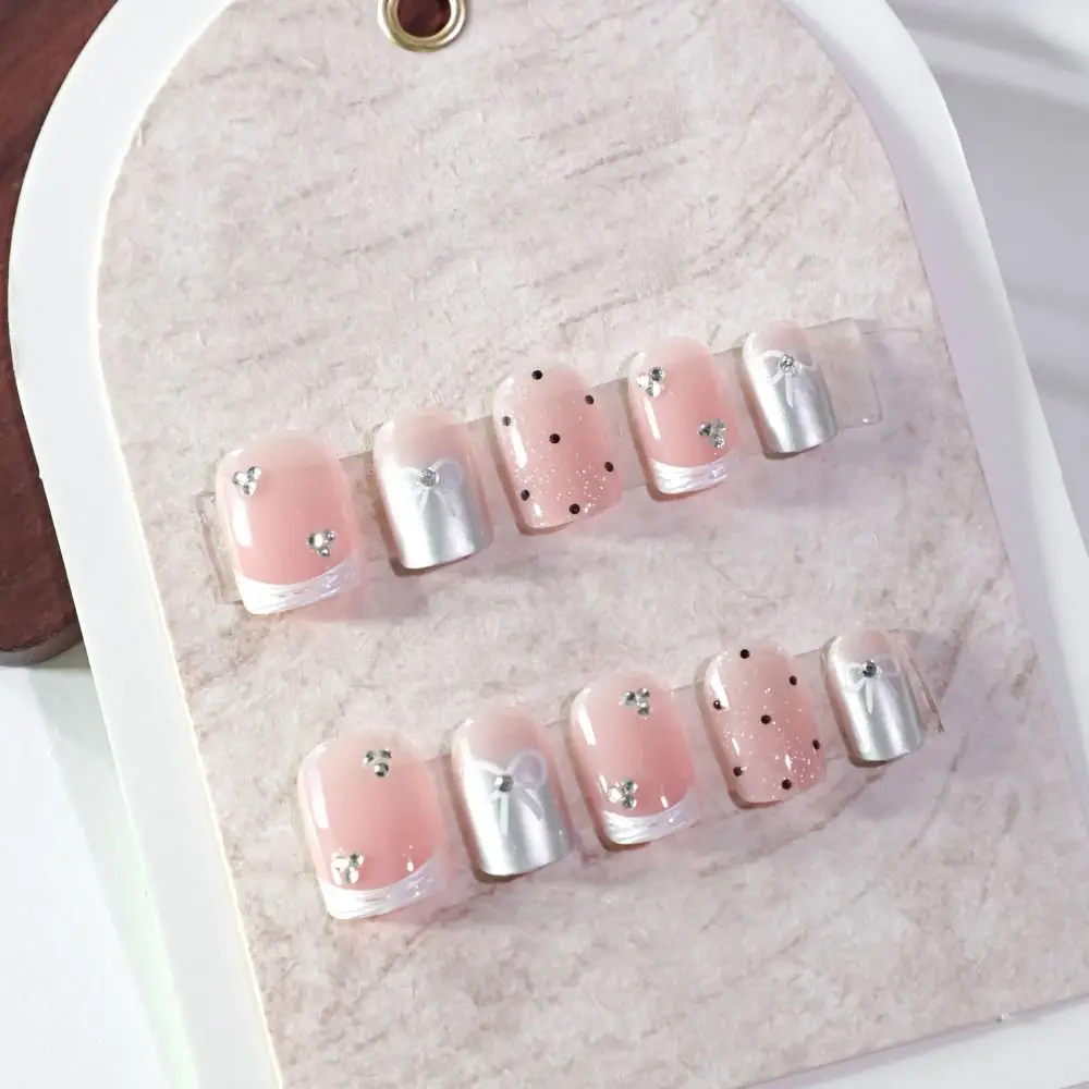 

24pcs Manicure Short Square False Nails French Polka Dots Press on Nails Flower Bow Detachable Fake Nails DIY