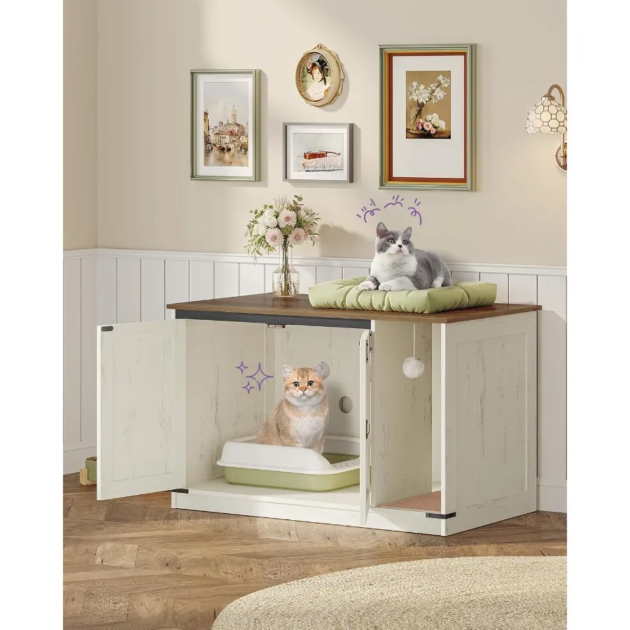 أثاث خزانة صندوق نفايات القطط المخفي مع جرس للقطط الداخلية تصميم على طراز المزرعة باللون البني والأبيض الريفي 39