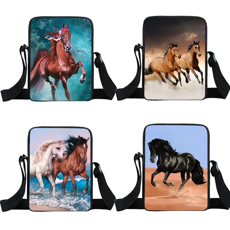 Elegent Animal Horse Print Messenger Bag Teenager Boys Cute Pony Crossbody Bags Travel Canvas Handbag Leisure Shoulder Bags Gift