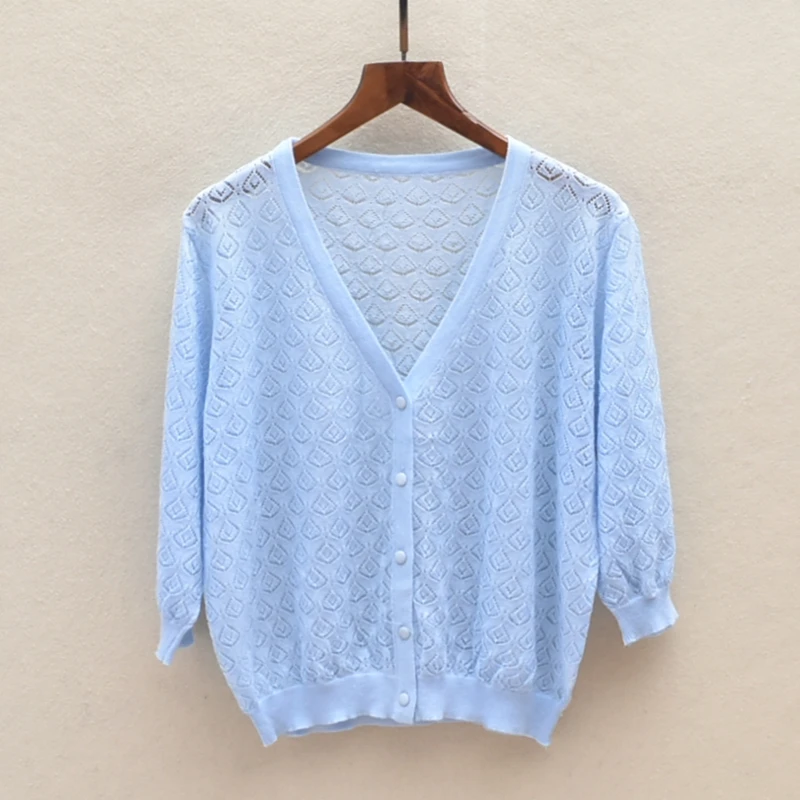 夏用薄手無地レディースオープンカーディガンVネック七分袖トップス日焼け止めニットセーター