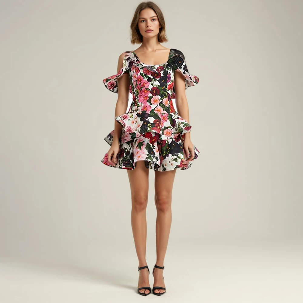 ดอกไม้พิมพ์ชุดมินิสําหรับเจ้าของ Camisole Patchwork Ruffles แขนสั้น Slim High เอว Ruched หวานหญิง