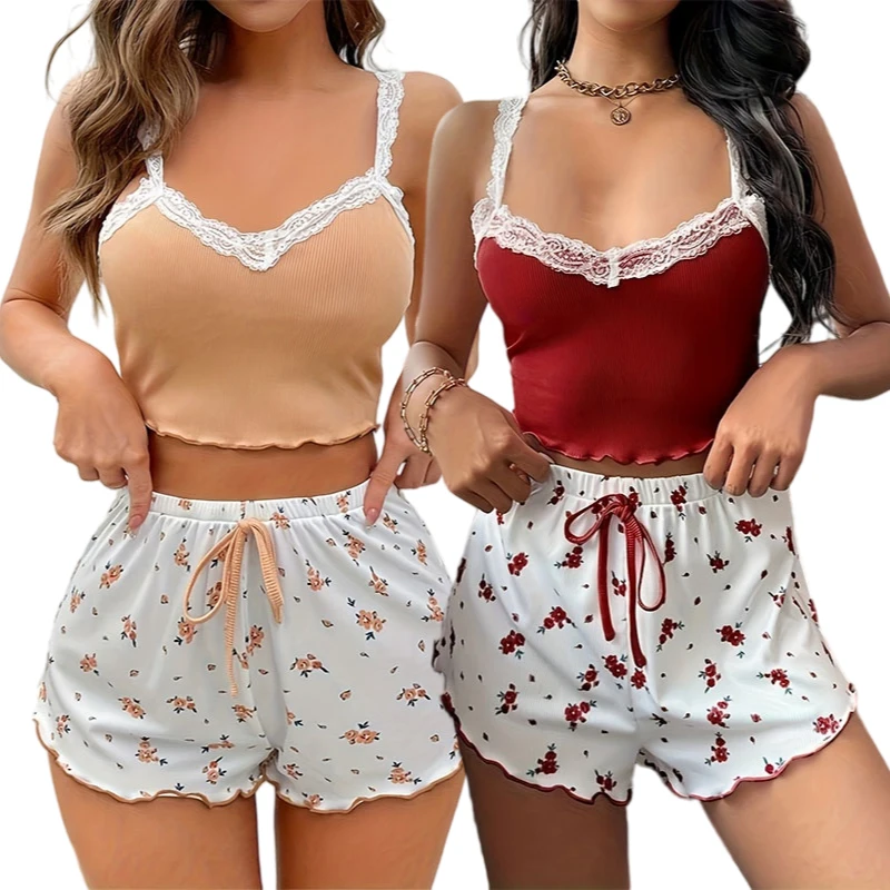 Women's Sexy Summer Pajamas Set Print Nightwear Vest + Shorts Comfortable Casual Home Wear Lingerie