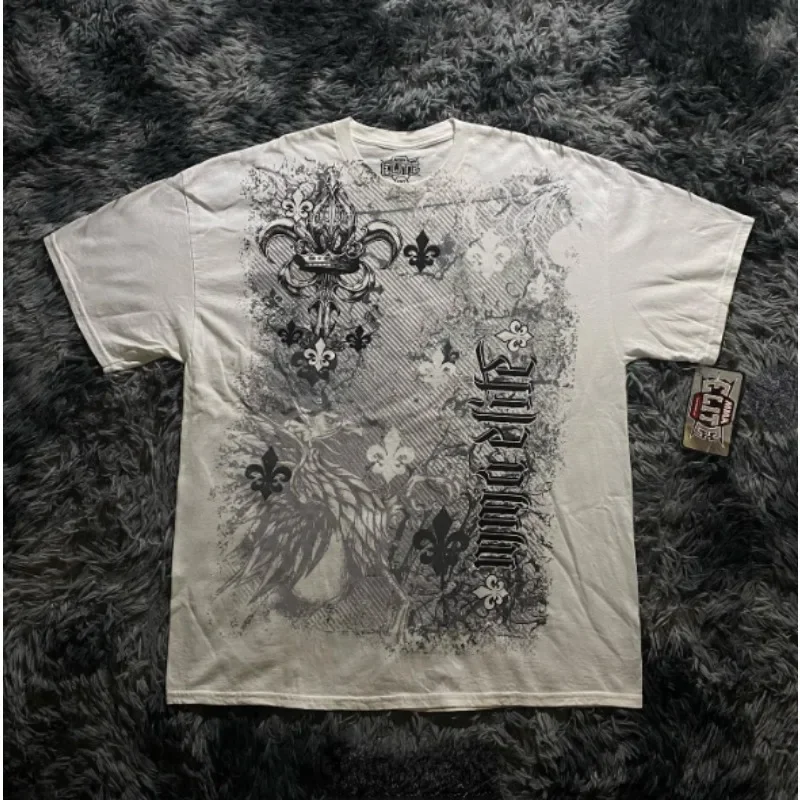 90s American Trendy Retro Fashion Print Round Neck Short-sleeved T-shirt Men Womens Y2K Street Style Gothic Couple Sports