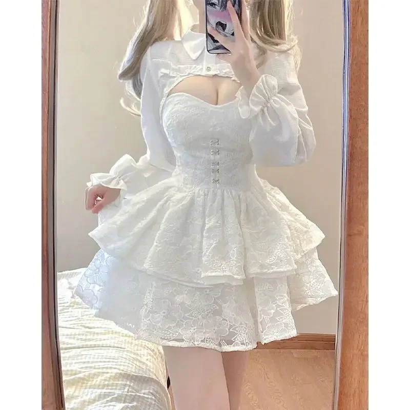 2025 Cascading Ruffl Long Sleeve Spring Fairy Skirt Kawaii Lolita Lace Dress for Women Straps Party Quinceanera Dresses dsgfrf3