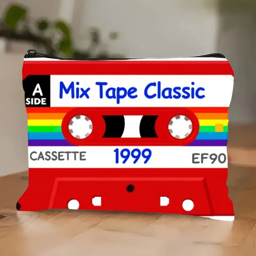 1Pc Mixed-Design Classic Cassette Tape 1999 Ef90 Retro Design Makeup Bag, Snack Storage Bag, Stationery Storage Bag, Canvas Double-Sided Printed Bag