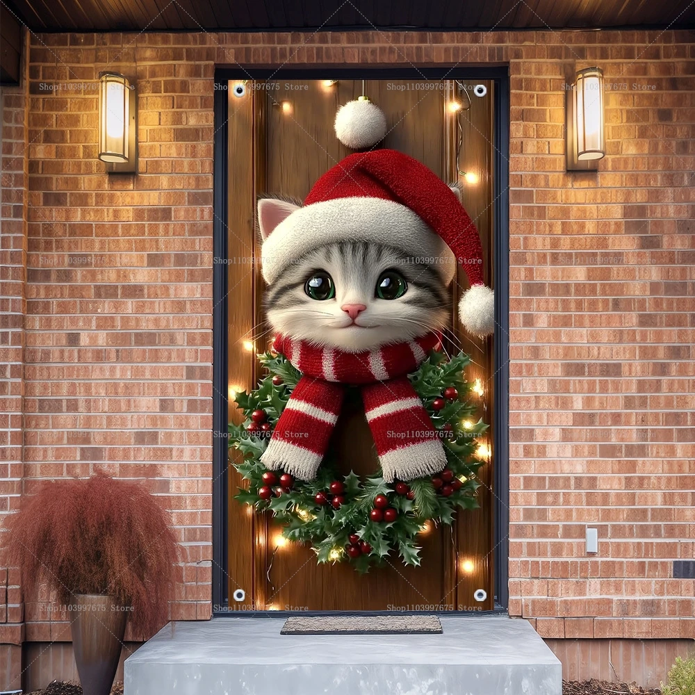 عيد الميلاد القطط لافتات الباب زينة حفلة عيد الميلاد خلفيات للتصوير الفوتوغرافي للداخلية في الهواء الطلق جدار الشرفة خلفية لوازم الحفلات