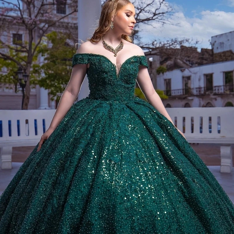 Emerald Green Shiny Sweetheart Pageant Quinceanera Dresses Appliques Lace Beads Off the Shoulder Princess Party Sweet 15 Ball