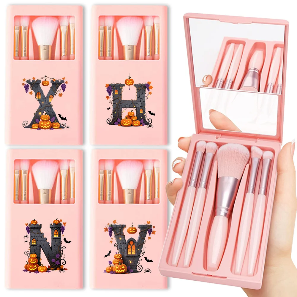 

Portable Makeup Brush Set Multi Functional Beauty Tool Fashionable Cosmetic Storage Box With Mirror Halloween Letters Pattern