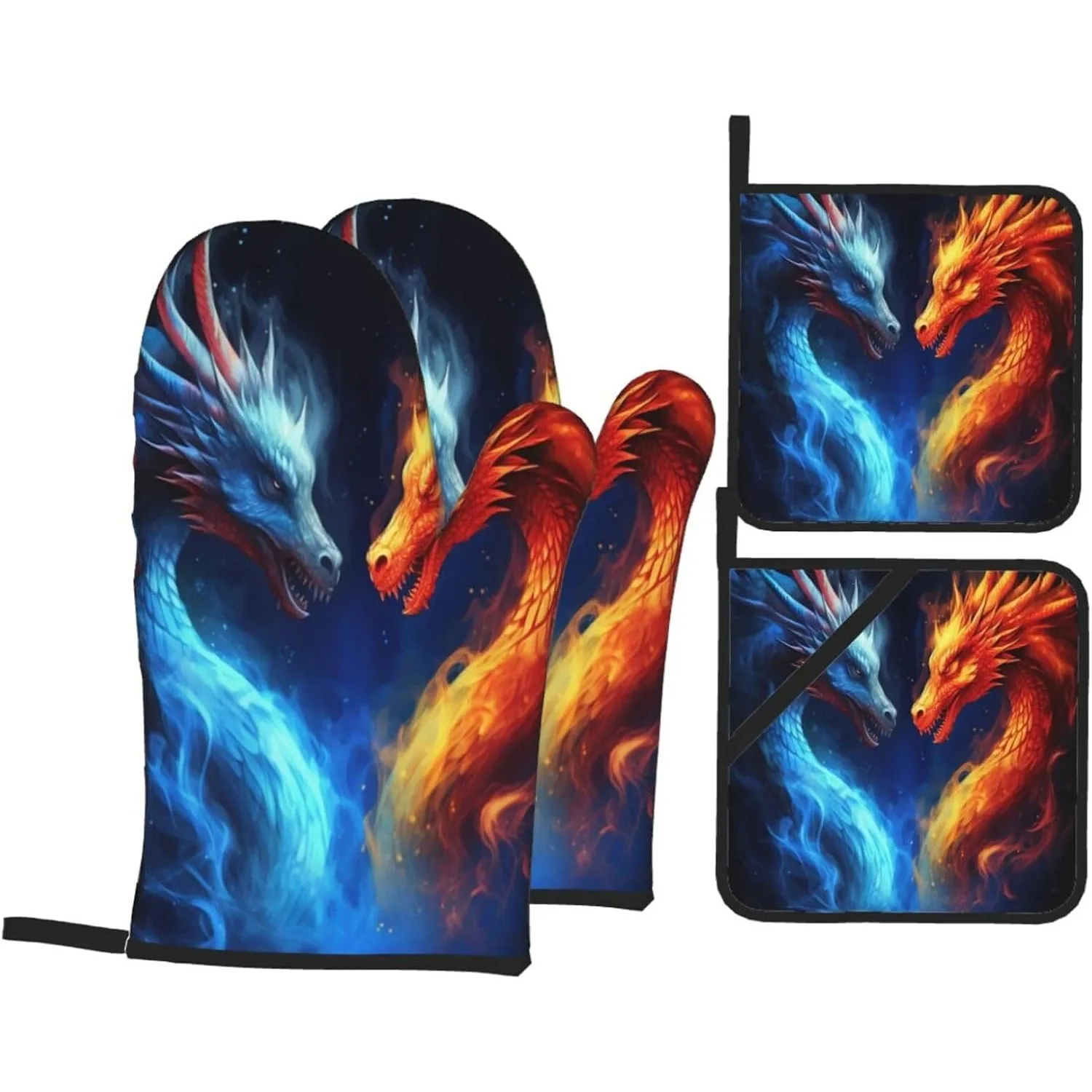 

Oven Mitts and Pot Holders Sets Red and Blue Firey Dragon Animal Heat Resistant Oven Gloves and Hot Pads Set Kitchen