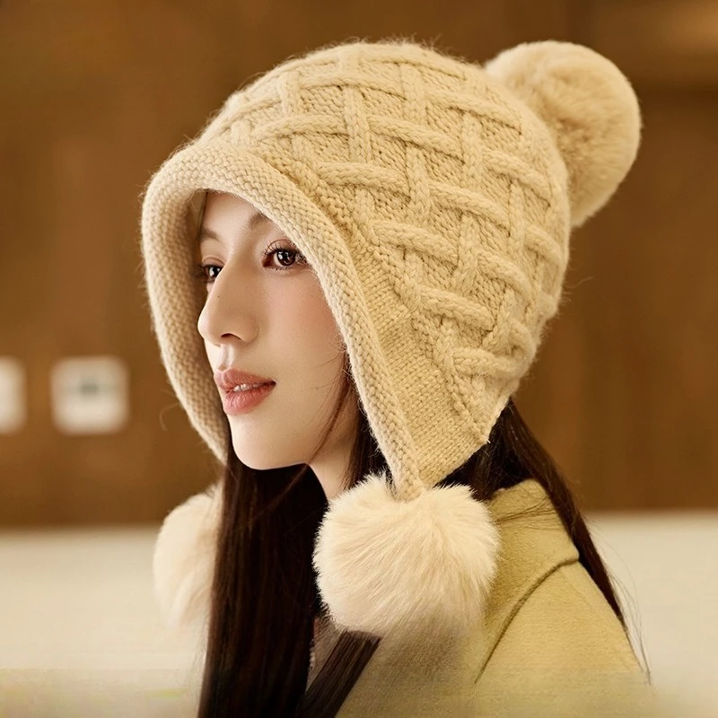 Winter New Thickened and Velvet Rabbit Fur Knitted Hat Outdoor Warm Ear Protection Three Hair Ball Wool Hat Korean Hat