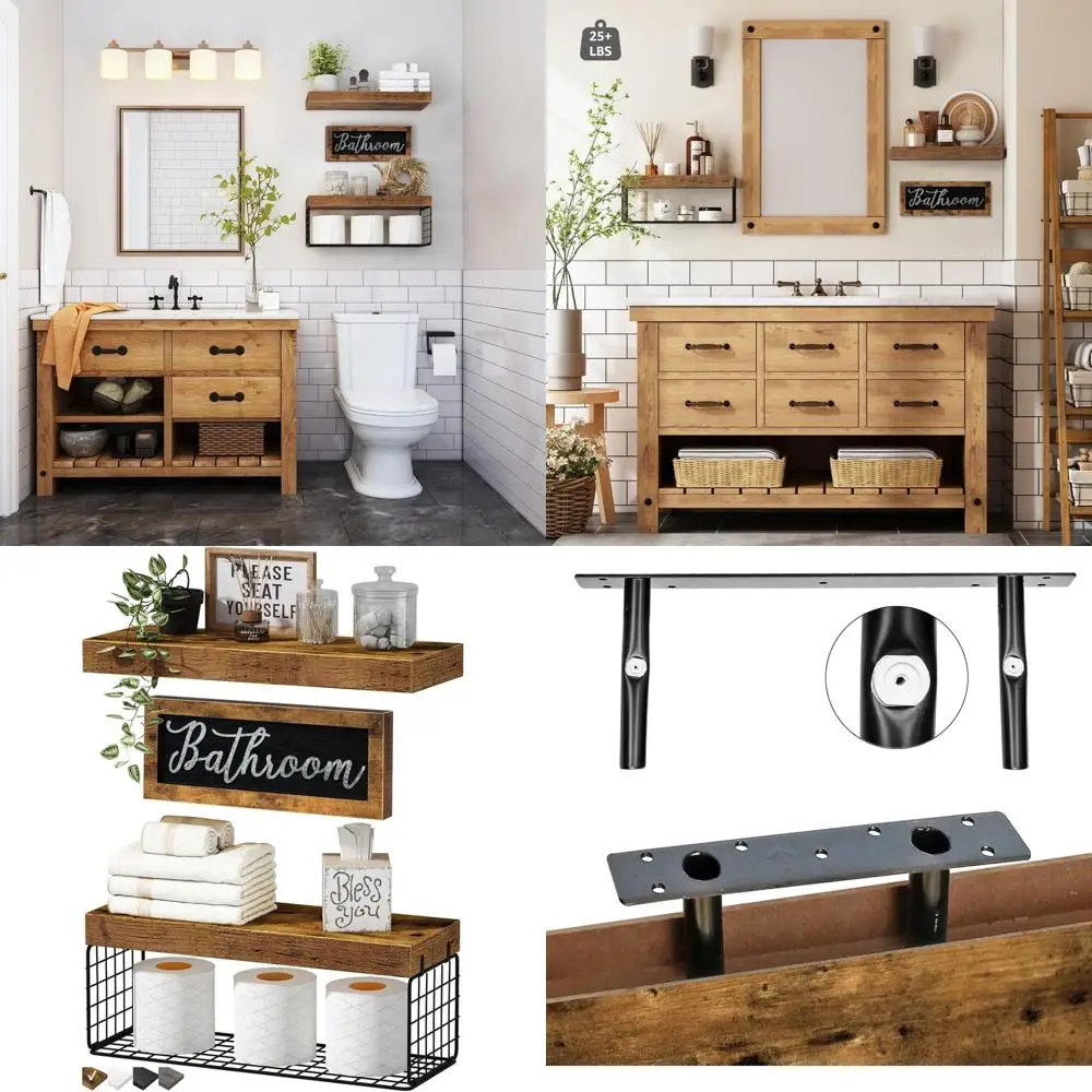 

Over-the-Toilet Wall-Mounted Shelves - 2+1 Set, 16 Farmhouse Style, Rustic Brown Paper Storage Decor