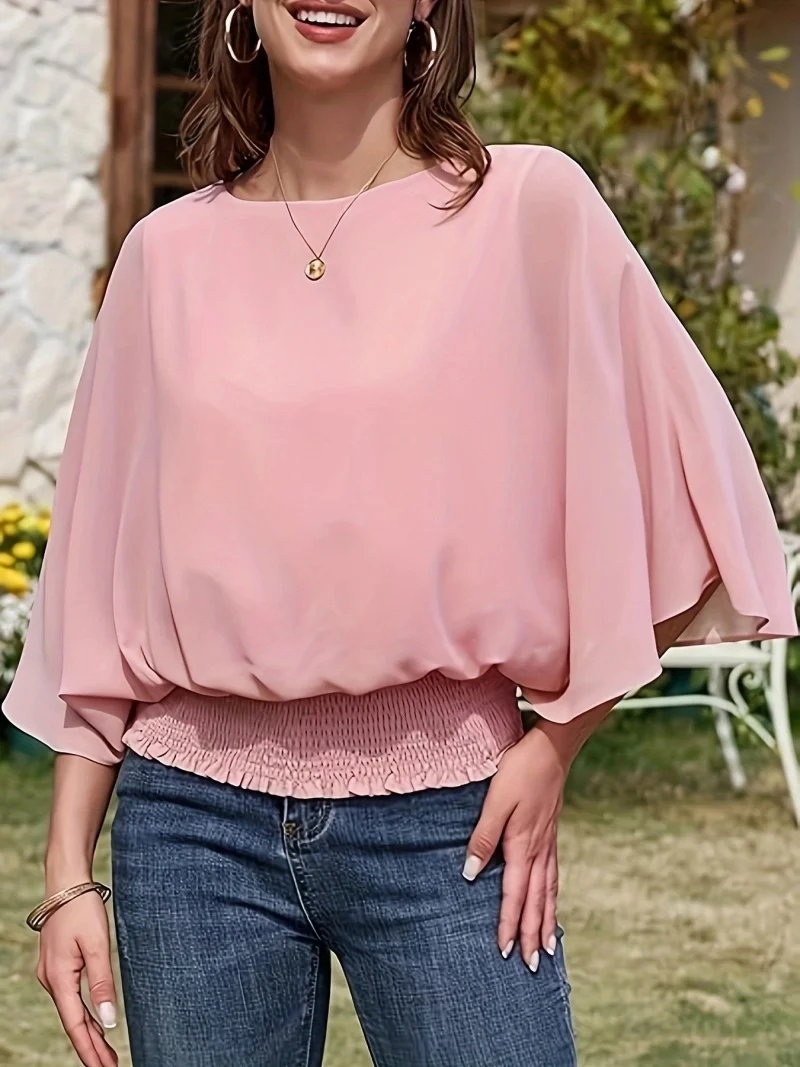 Plus Size Fashion O Neck Solid Color Short Sleeve Oversized Chiffon T-Shirt Summer Casual Short Tops Loose Commute