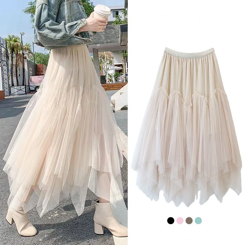 Irregular Tutu Tulle Long Maxi Skirt Women Fashion Korean 2024 High Waist A-Line Skirt Mesh Female Solid Color Long Skirt Winter