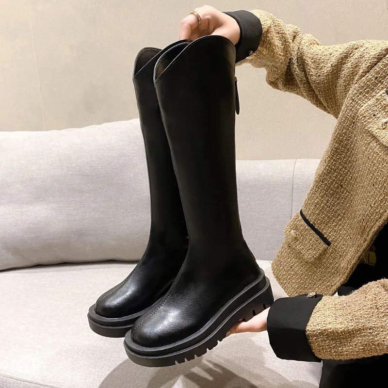 2024 Retro Runde Spitze Sommer Damen Overknee-Stiefel Mode Rückseitiger Reißverschluss Lange Ritterstiefel Damen Dicke Sohle Damenschuhe
