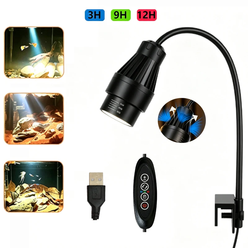 USB Clip-on LED Aquarium Spotlight  15°-60° Adjustable Focus  3-Color with Cycle Timer & Cooling Fan for Fish Tank 10W 14W 16W