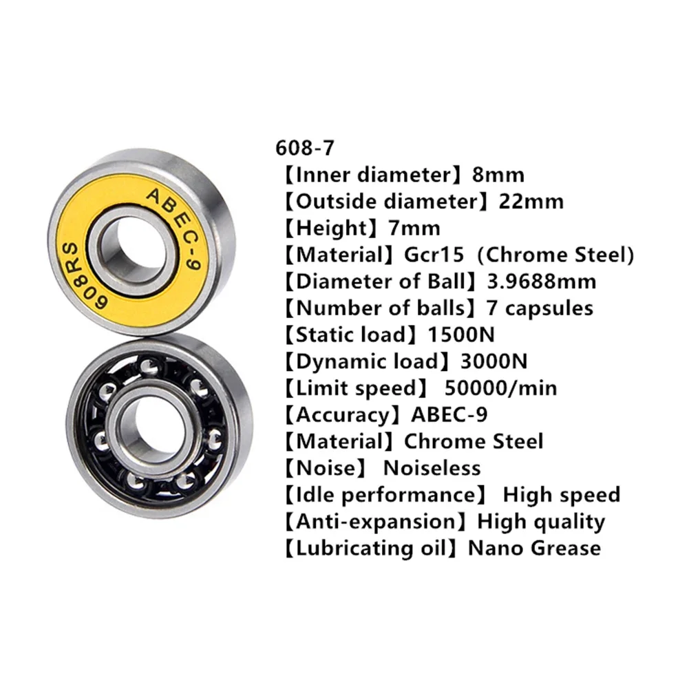 ABEC-7/ABEC-9 608 Skateboard Roller Stainless Steel Anti-rust Sealed Ball Bearings 8x22x7mm Skateboarding Wheels Accessories