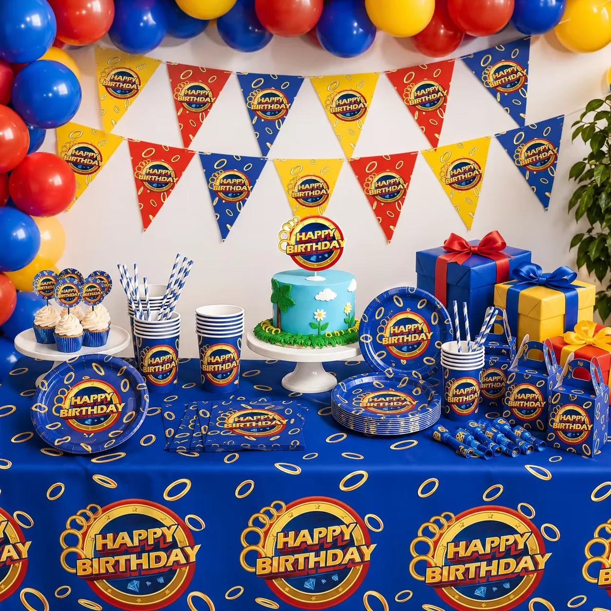 Blue Hedgehog Gold Coin Game Theme Kids' Birthday Party Decoration set, Tablecloth Plates Napkins Cups Tablewares Party Favors