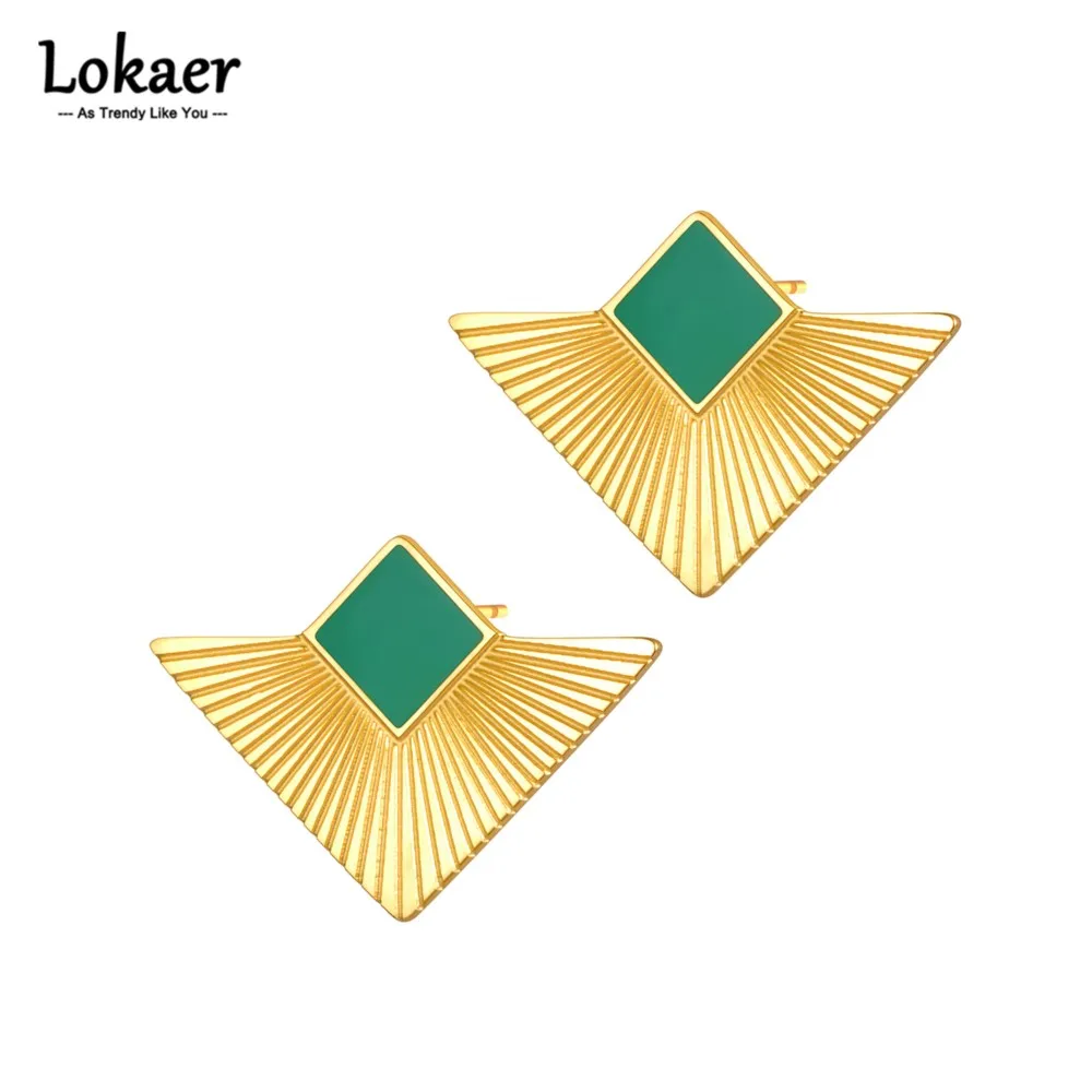 Lokaer Stainless Steel Green Black Enamel Earrings Vintage Design Triangle Geometric Jewelry For Women boucles d\'oreilles E22153