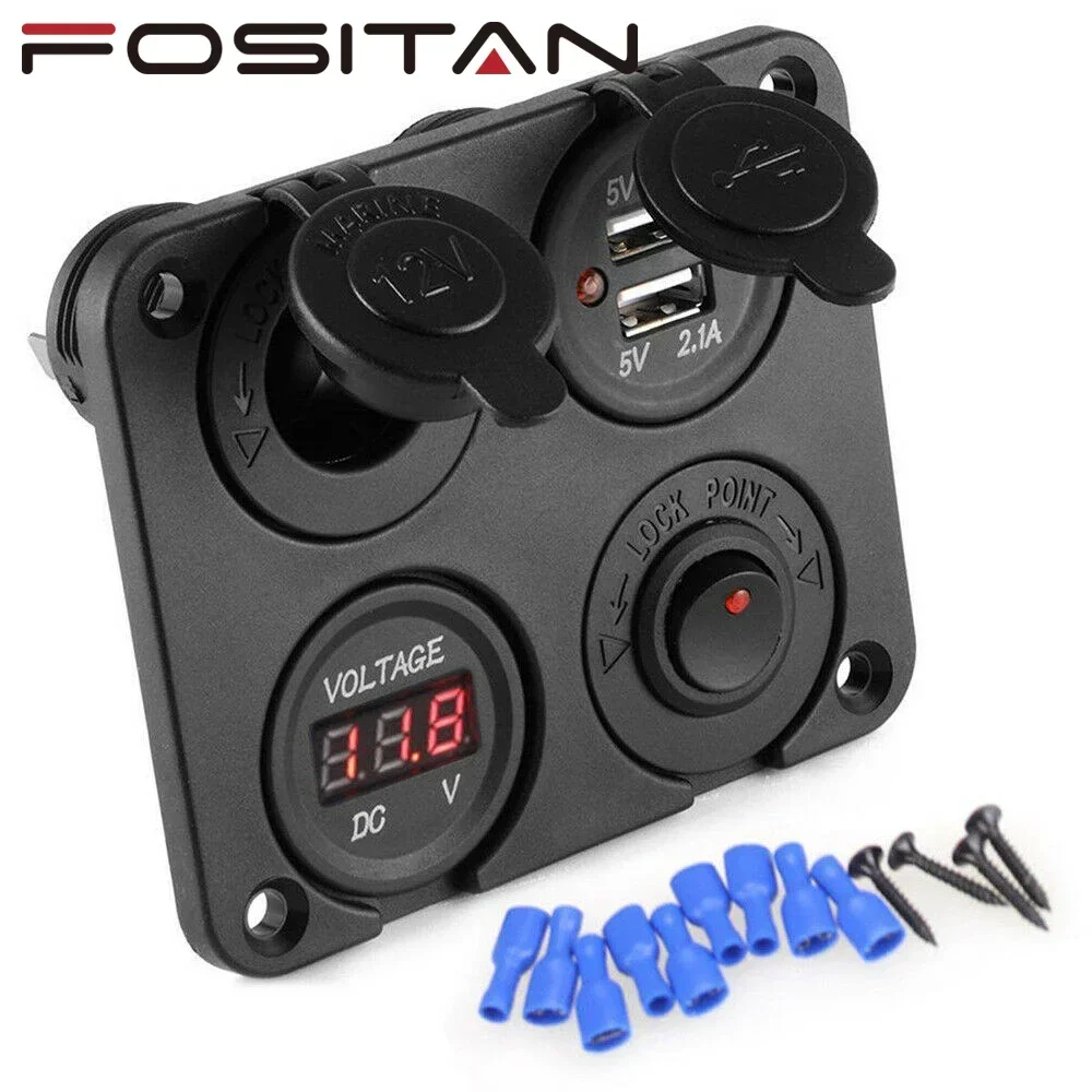 

12V Switch Panel Cigarette Lighter Socket 4 in 1 Panel Dual USB Charger Voltmeter Car Accessories ON/Off Socket Rocker Switch