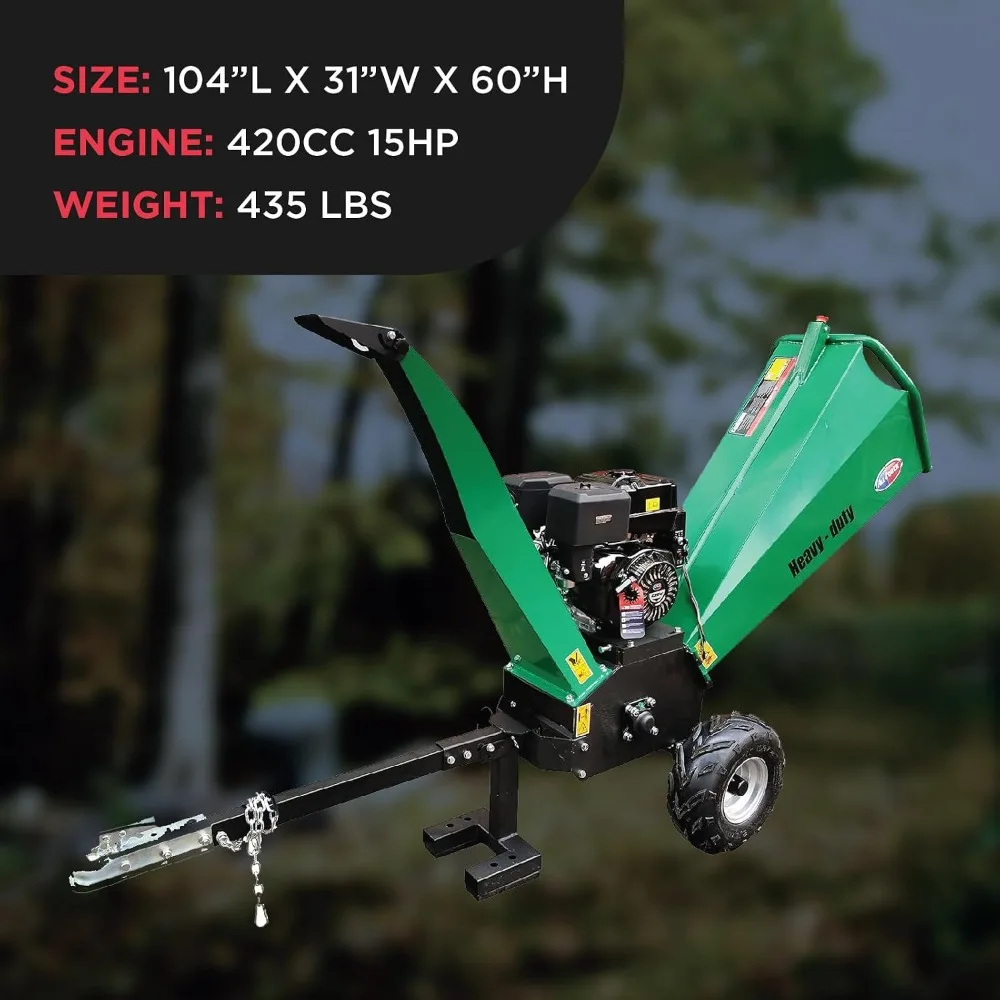 Gas Wood Chipper Shredder 15HP 420cc 2000 RPM Double Edge Blades 6 in Feed Green Black