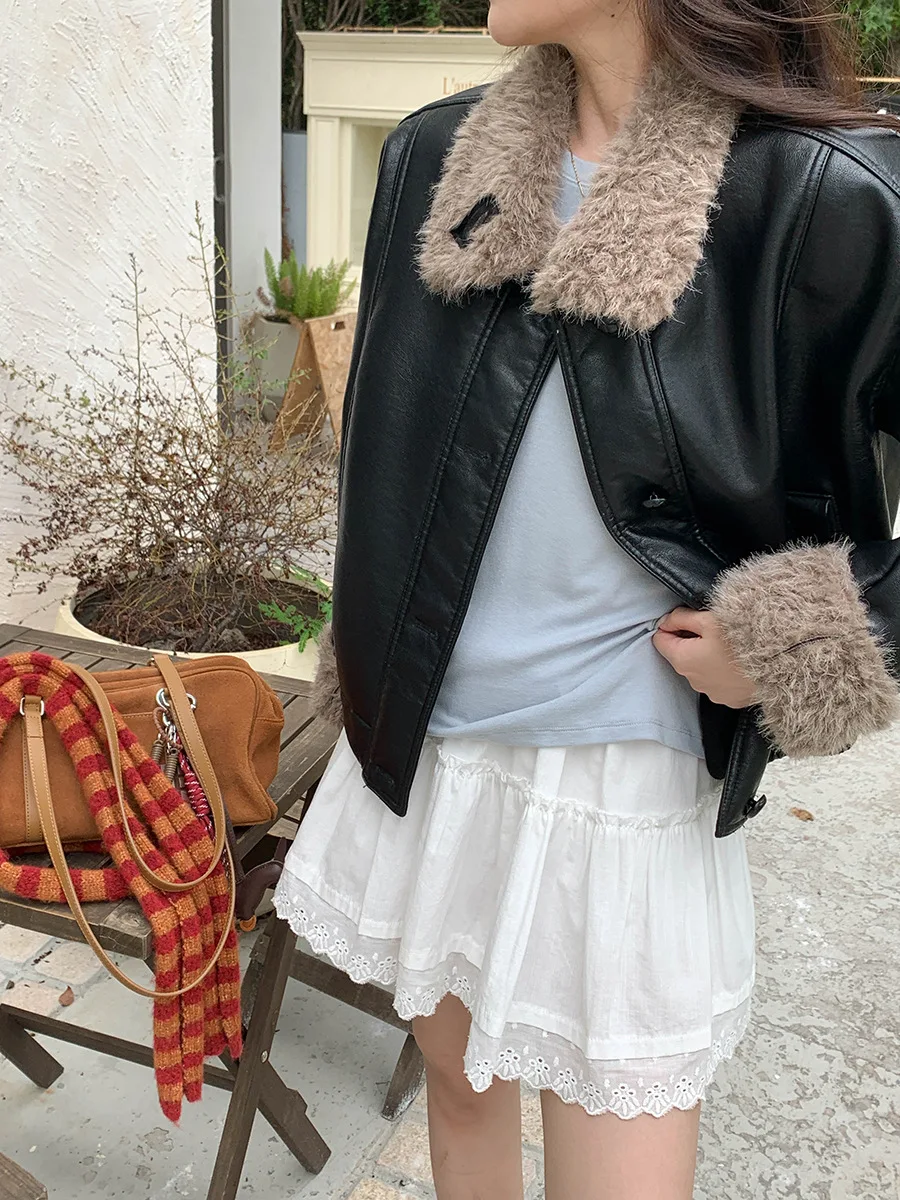 سترة نسائية من جلد البولي يوريثان ريترو شتاء 2025 معطف كاجوال بأكمام طويلة ملابس خارجية كلاسيكية أنيقة