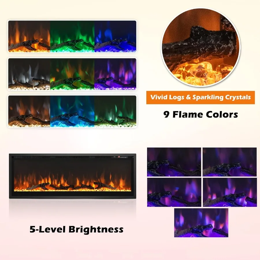 مدفأة كهربائية مقاس 50 بوصة بتصميم مريح ومثبت على الحائط مع لهب سجل قابل للتعديل ومؤقت 8 ساعات وجهاز تحكم عن بعد ومستقبل حراري مزدوج #3