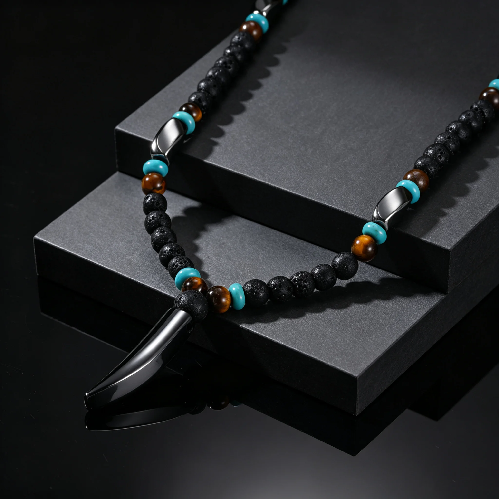 Punk Trendy Tiger Eye Natural Stone Beaded Wolf Tooth Shaped Pendant Necklace for Men, Stainless Steel Fashion Boho Jewelry