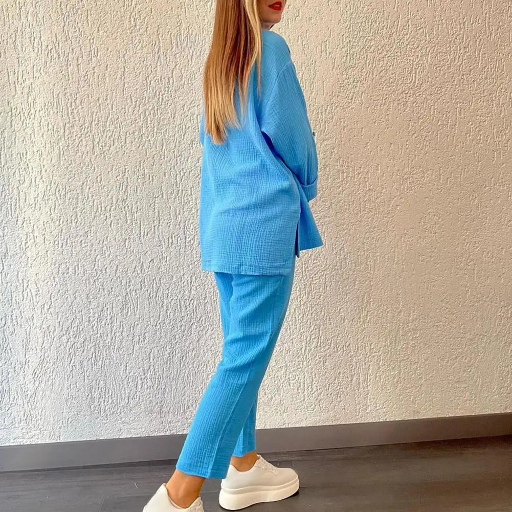 All-season Women Outfit Women's Casual Shirt Pants Set with Lapel Collar Single-breasted Blouse High Elastic Waist for Daily