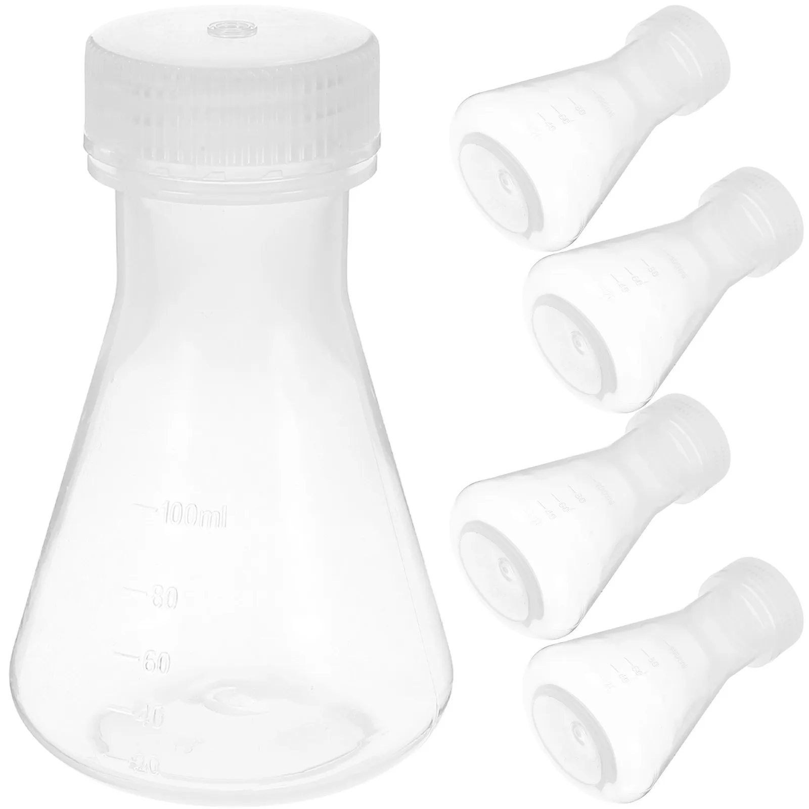 5Pcs Transparent Plastic Erlenmeyer Flasks Flat Bottom Wide Mouth Lid Included Triangular Design Evaporation Accelerated