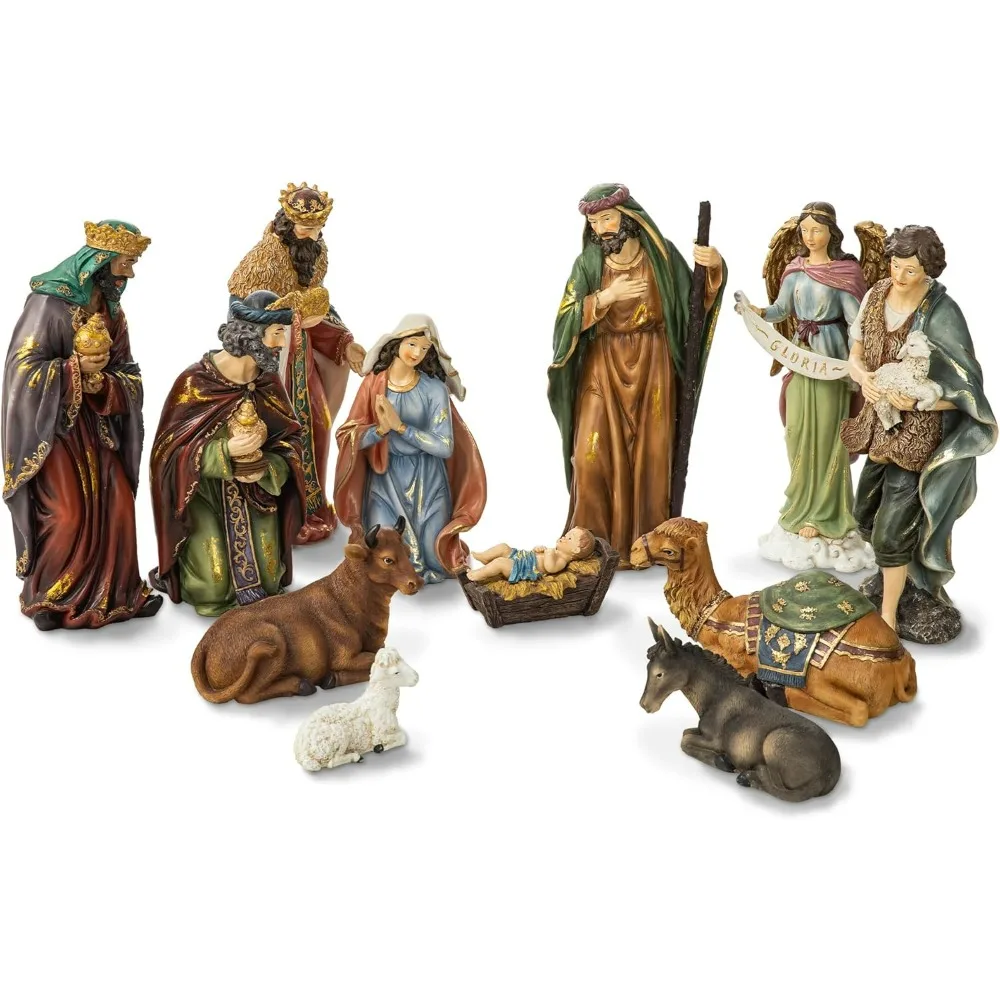 12pcs Resin Nativity Figurines Sets for Decor, Figures Xmas Jesus Collectible Figurines Tabletop Nativity Scene Miniature Statue